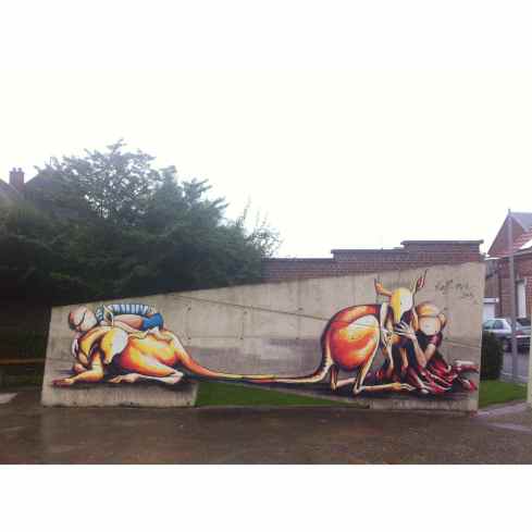 Finished mural: Cushion Me / Shelter Me, aerosol on wall, Villers Bretonneux, France, Sept 2013